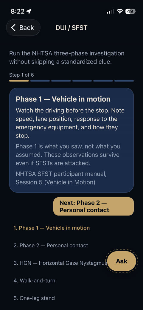 Officer One — DUI / SFST, phase by phase